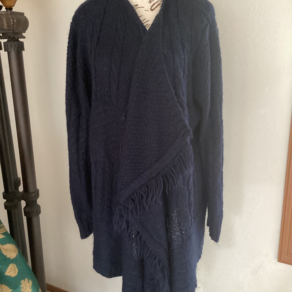 Olivia Sky Dark Navy Blue Knit Design Open Drape Fringe Cardigan Sweater